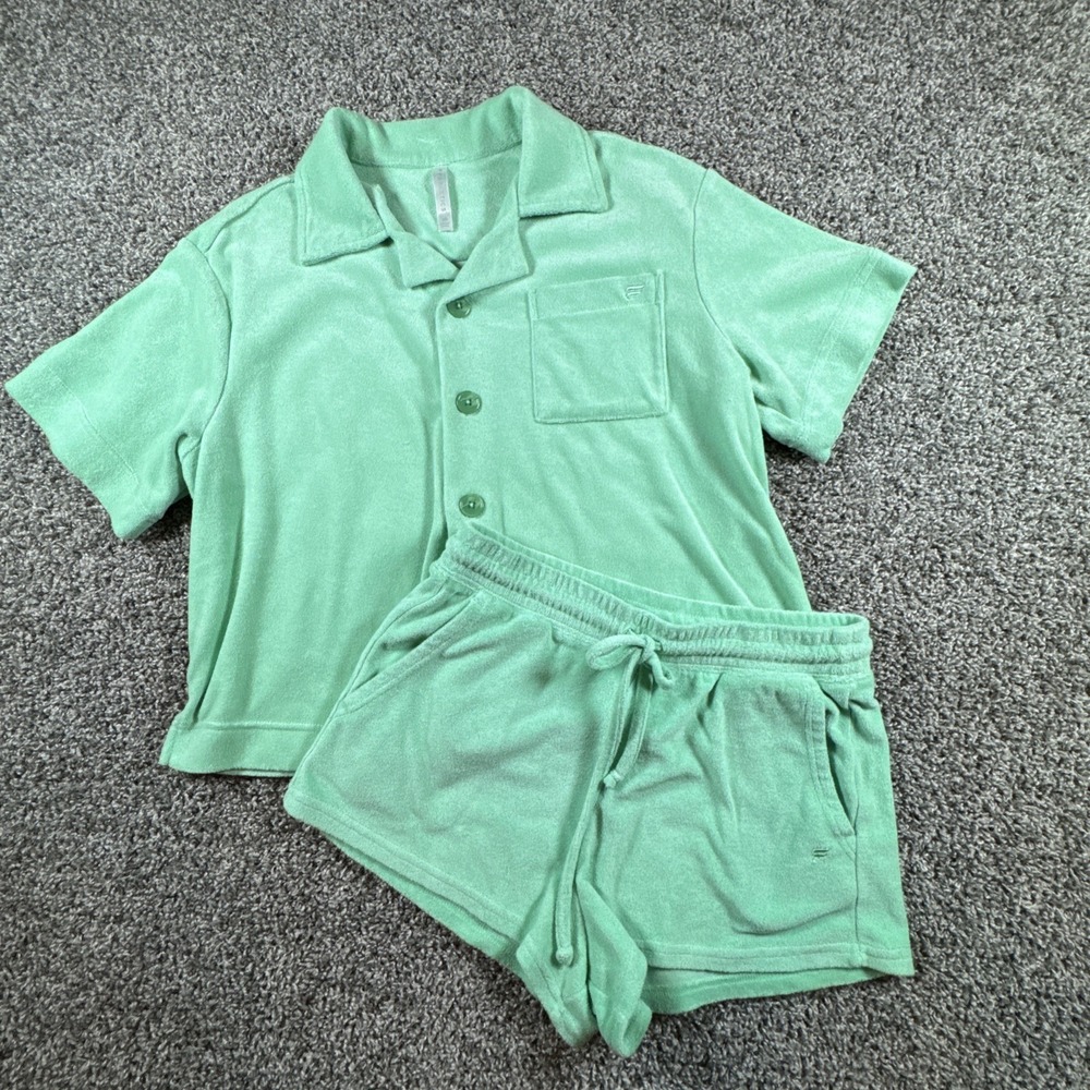 Fabletics Mint Green PJs Womens Size XS/S Terrycloth, Button Top/Shorts
